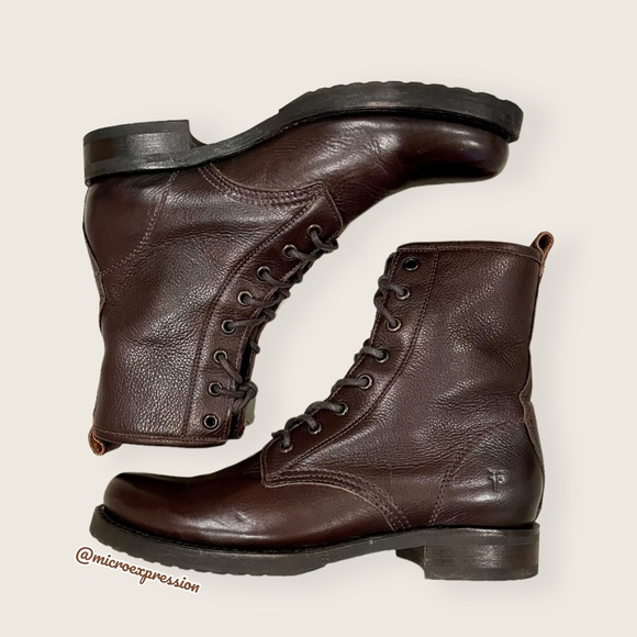 $385 Frye Veronica Combat Brown Leather Lace Up Moto Combat Military Ankle Boot - Picture 12 of 12